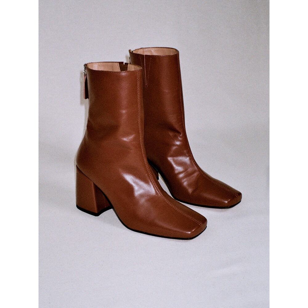 About Arianne Red Brown Chestnut Leather Square Toe Nico Heeled Boots 39 / US 9 - Picture 2 of 14